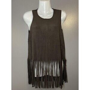 Marianne Fringe Tank Top Womens Medium Brown Boho Festival Suede Look Sleeveless